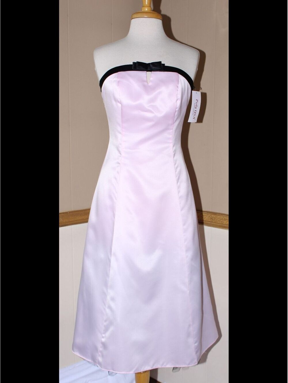 Poly USA #2466 Vintage Style Satin Tea Length Bridesmaid Dress-Size L-Pink